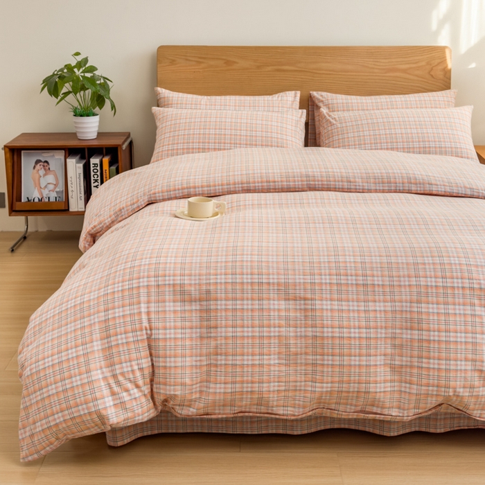 91家纺网 家纺一手货源 找家纺 2025新款简约款色织水洗棉四件套 可可桔