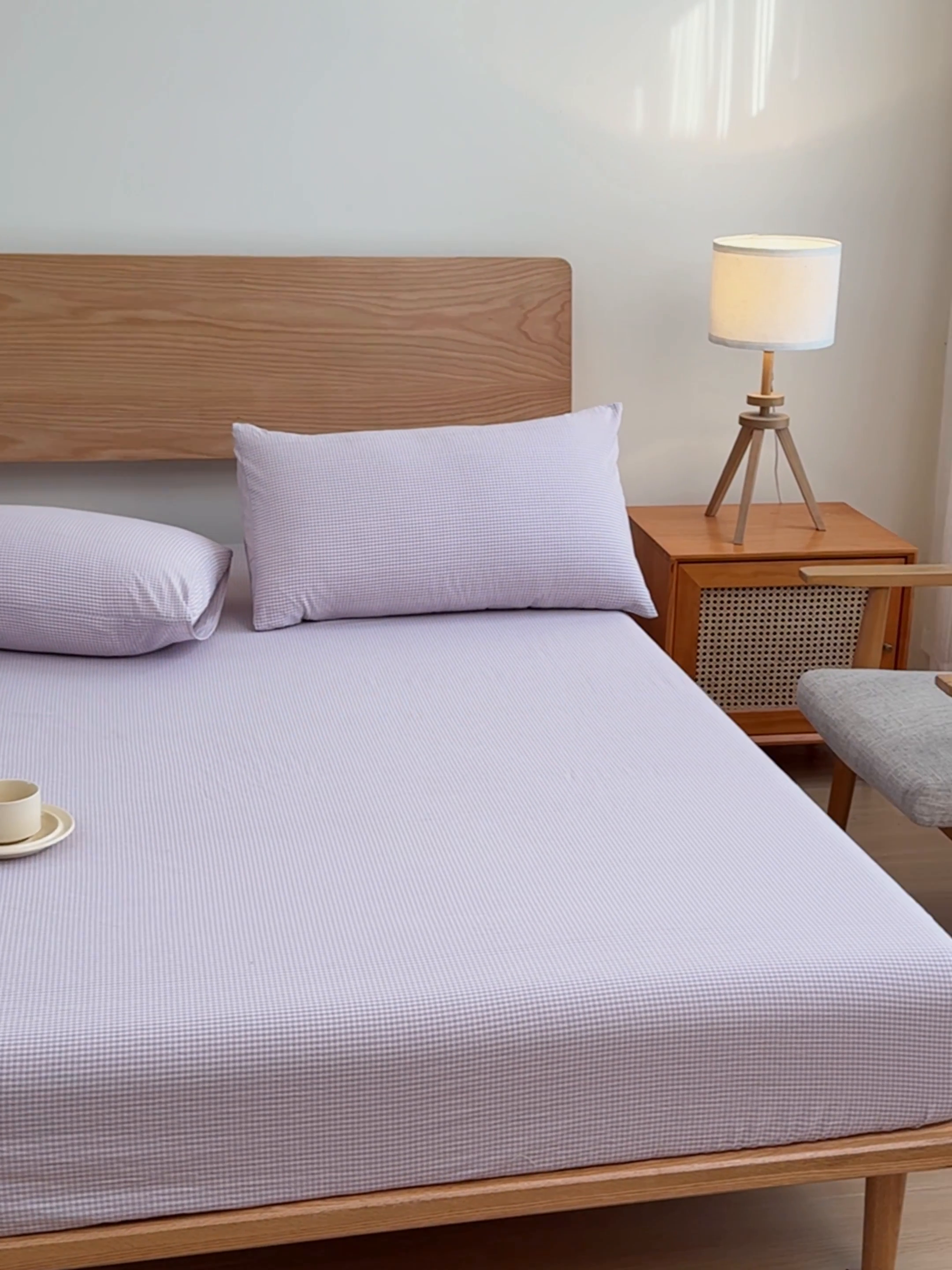 91家纺网 家纺一手货源 找家纺 2025新款简约款色织水洗棉单品床笠 糖果紫