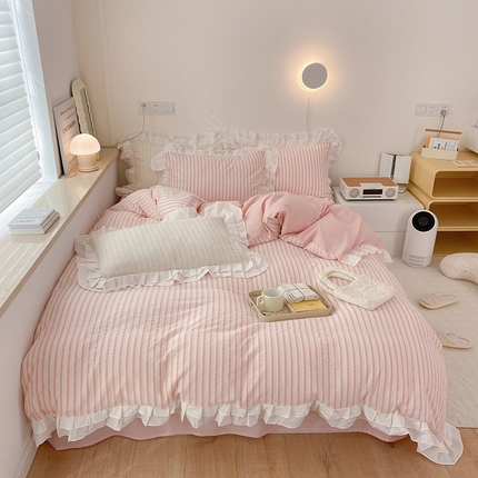 91家纺网 家纺一手货源 找家纺 （总）尺素 2025新款色织水洗棉韩式花边款素系列四件套