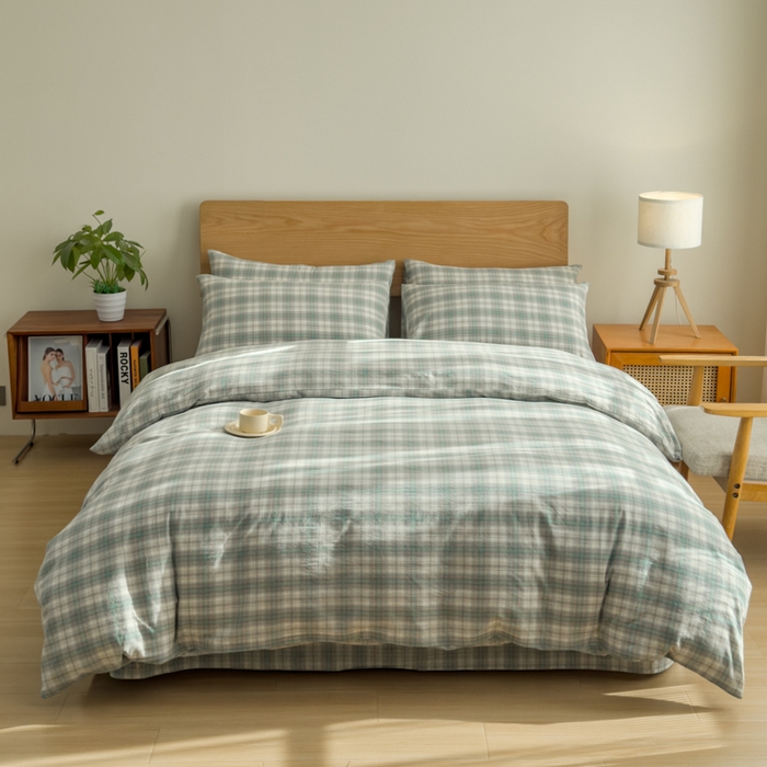 91家纺网 家纺一手货源 找家纺 2025新款简约款色织水洗棉四件套 可可绿