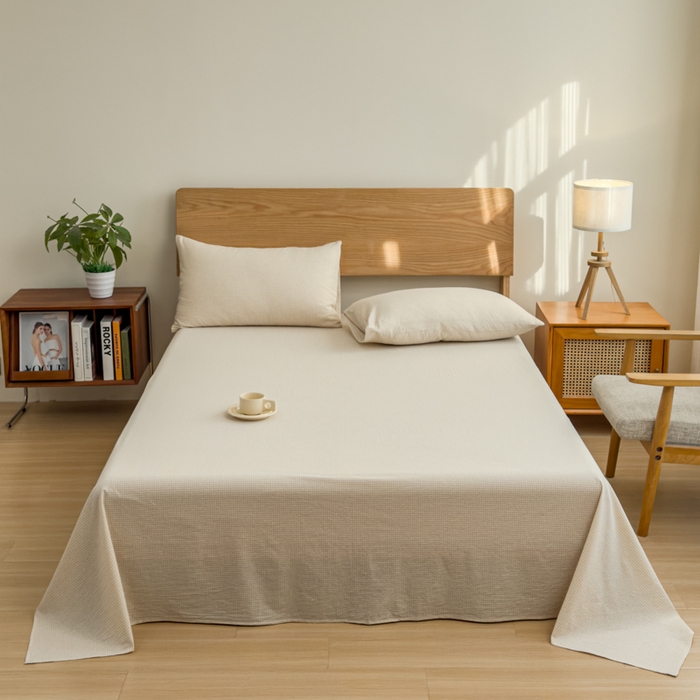 91家纺网 家纺一手货源 找家纺 2025新款简约款色织水洗棉单品床单 糖果卡其