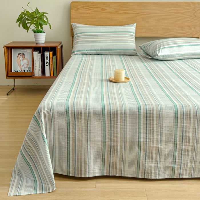 91家纺网 家纺一手货源 找家纺 2025新款简约款色织水洗棉单品床单 沐妍绿