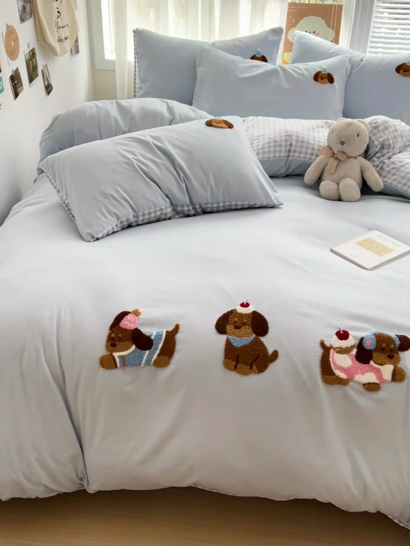 91家纺网 家纺一手货源 找家纺 （总）梦之岛 2025云朵棉ins腊肠狗可爱毛巾绣四件套