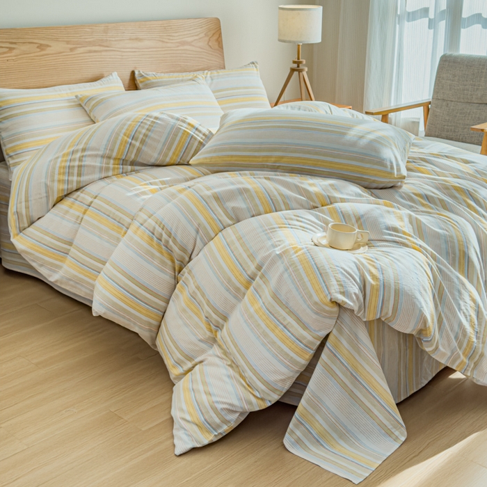 91家纺网 家纺一手货源 找家纺 2025新款简约款色织水洗棉四件套 沐妍黄