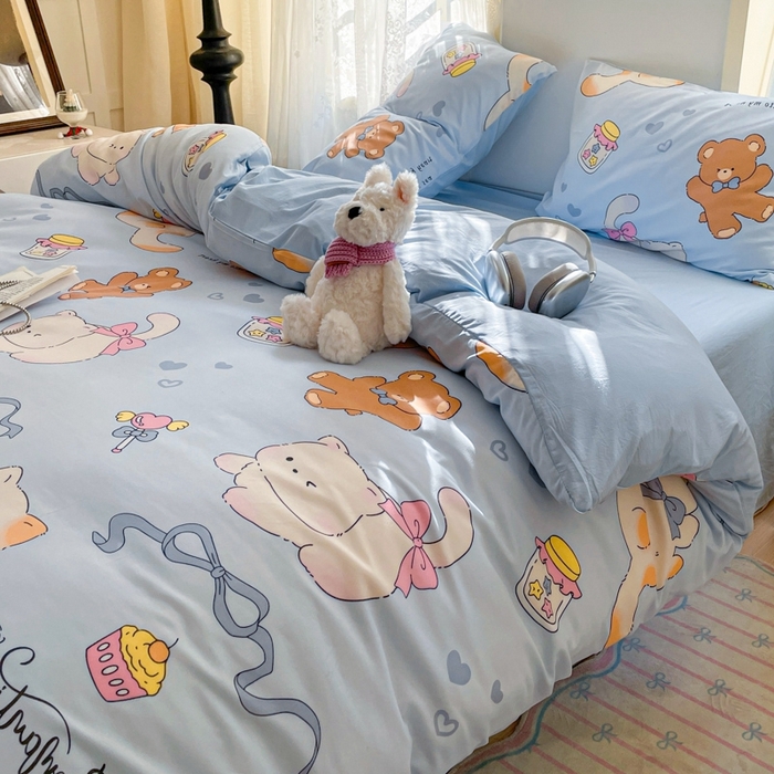 91家纺网 家纺一手货源 找家纺 雨帆家纺 2025新款水洗棉印花四件套 蓝精灵