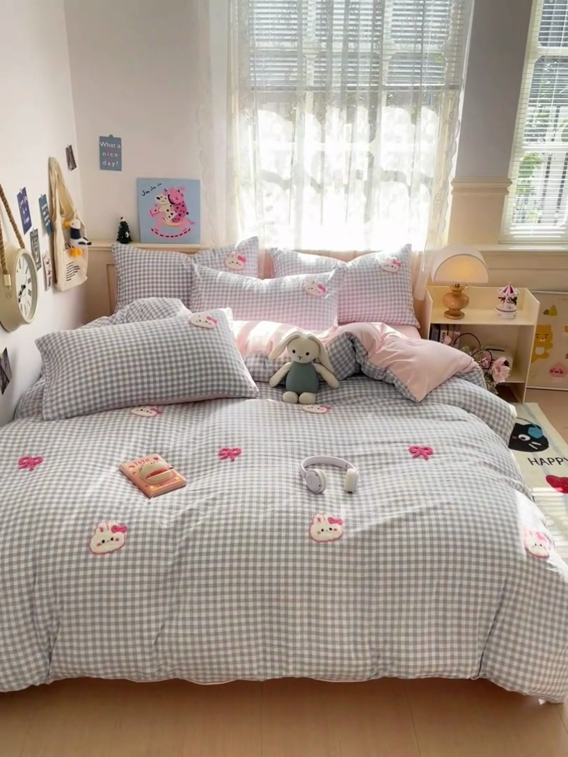 91家纺网 家纺一手货源 找家纺 梦之岛 2025云朵棉ins格子小兔可爱毛巾绣四件套 格子小兔-蓝