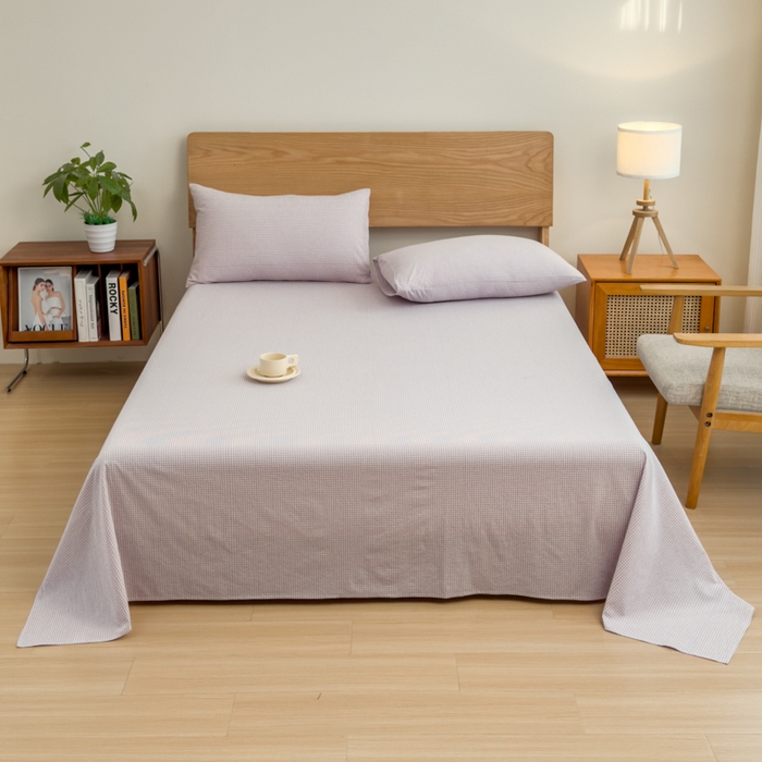 91家纺网 家纺一手货源 找家纺 2025新款简约款色织水洗棉单品床单 糖果紫