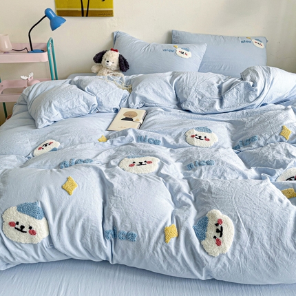 韩巢家纺 2025款超柔水洗棉毛巾绣床上用品四件套-哈哈狗系列二（提供卖家秀 ） 哈哈狗浅蓝