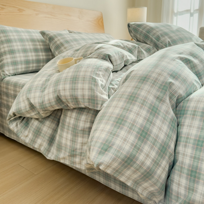 91家纺网 家纺一手货源 找家纺 2025新款简约款色织水洗棉四件套 可可绿