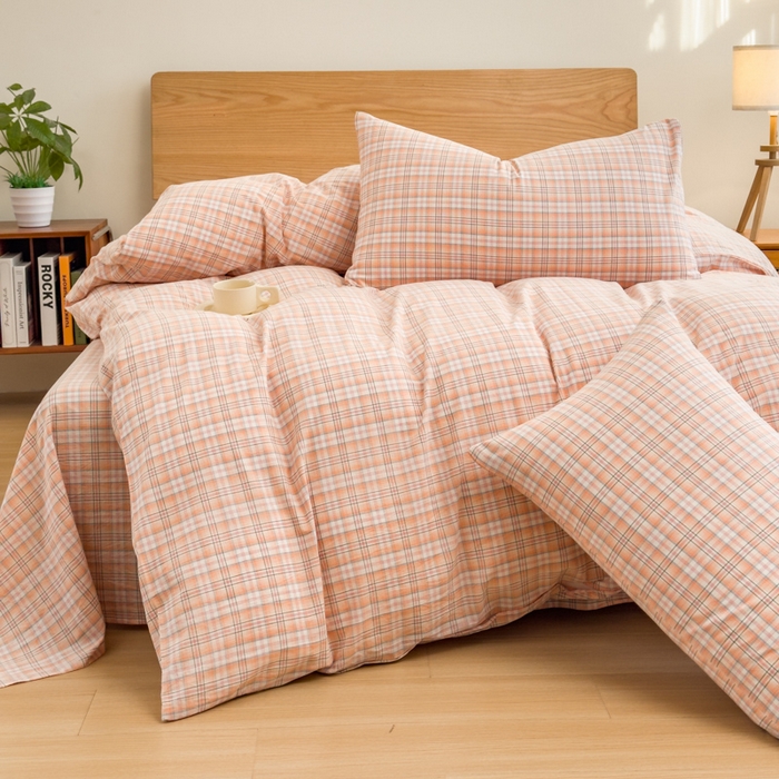 91家纺网 家纺一手货源 找家纺 2025新款简约款色织水洗棉四件套 可可桔