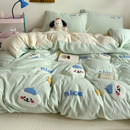韩巢家纺 2025款超柔水洗棉毛巾绣床上用品四件套-哈哈狗系列二（提供卖家秀 ） 哈哈狗浅绿黄