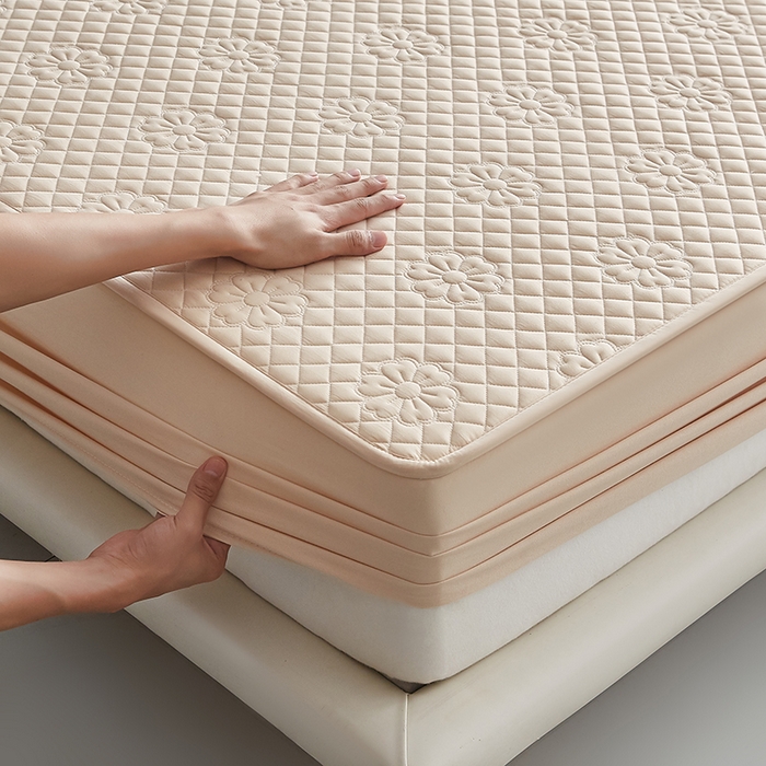 91家纺网 家纺一手货源 找家纺 盛眠家纺 2025新款水洗棉防水夹棉床笠-茉莉系列 Shein、速卖通，亚马逊、Temu床笠单件 跨境外贸 茉莉-卡其