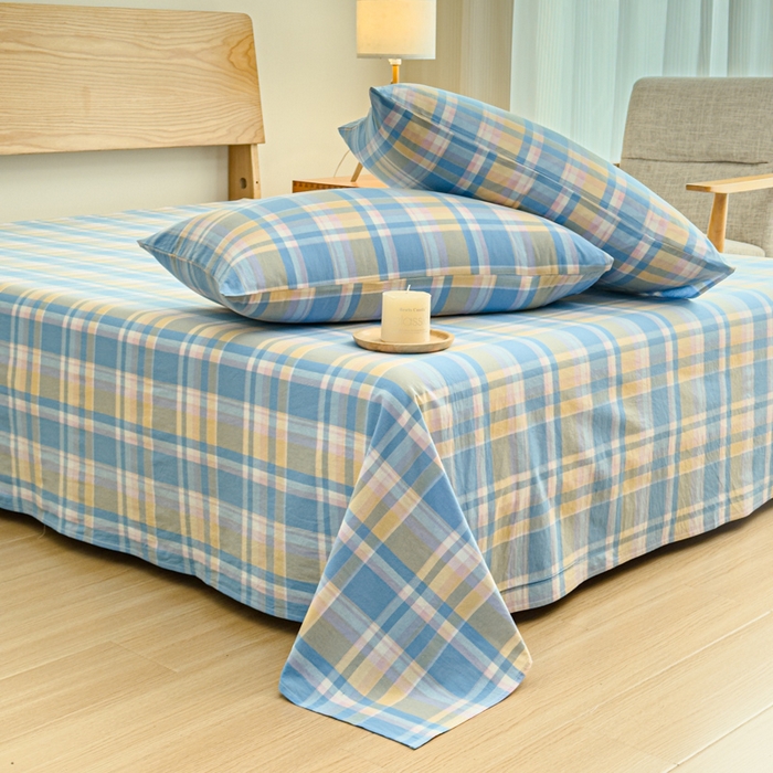 91家纺网 家纺一手货源 找家纺 2025新款简约款色织水洗棉单品床单 昭华蓝