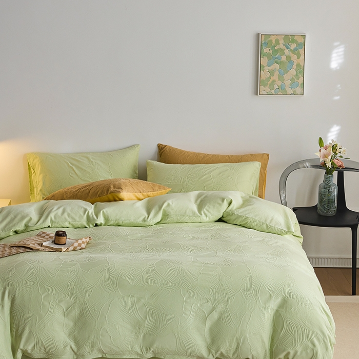 91家纺网 家纺一手货源 找家纺 2025春夏新品染色水洗大提花四件套 叶语-嫩绿