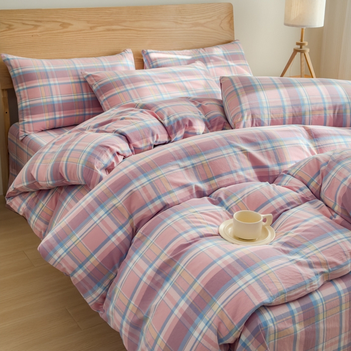 91家纺网 家纺一手货源 找家纺 2025新款简约款色织水洗棉单品被套 昭华粉