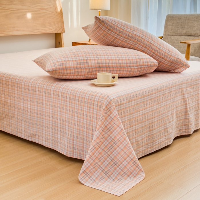 91家纺网 家纺一手货源 找家纺 2025新款简约款色织水洗棉单品床单 可可桔