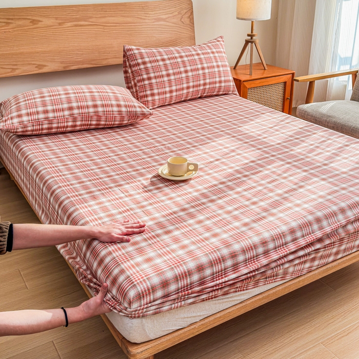 91家纺网 家纺一手货源 找家纺 2025新款简约款色织水洗棉单品床笠 可可粉