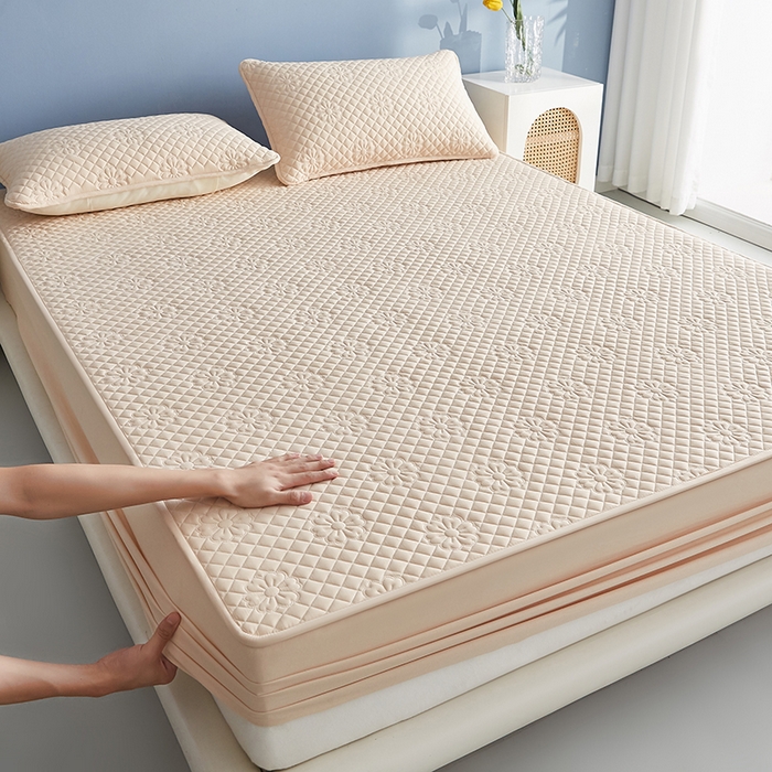 91家纺网 家纺一手货源 找家纺 盛眠家纺 2025新款水洗棉防水夹棉床笠-茉莉系列 Shein、速卖通，亚马逊、Temu床笠单件 跨境外贸 茉莉-卡其