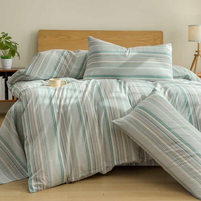 91家纺网 家纺一手货源 找家纺 2025新款简约款色织水洗棉四件套 沐妍绿