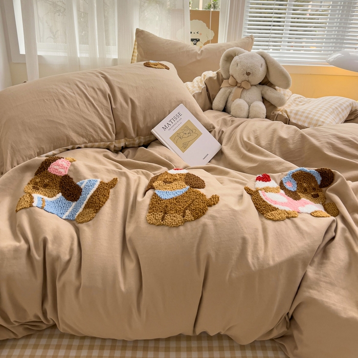 91家纺网 家纺一手货源 找家纺 梦之岛 2025云朵棉ins腊肠狗可爱毛巾绣四件套 格子小狗-驼