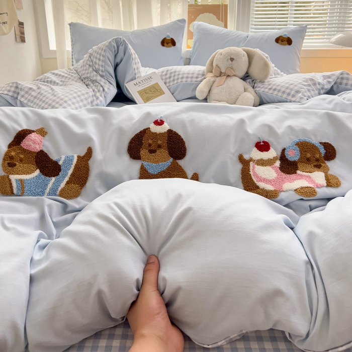 91家纺网 家纺一手货源 找家纺 （总）梦之岛 2025云朵棉ins腊肠狗可爱毛巾绣四件套