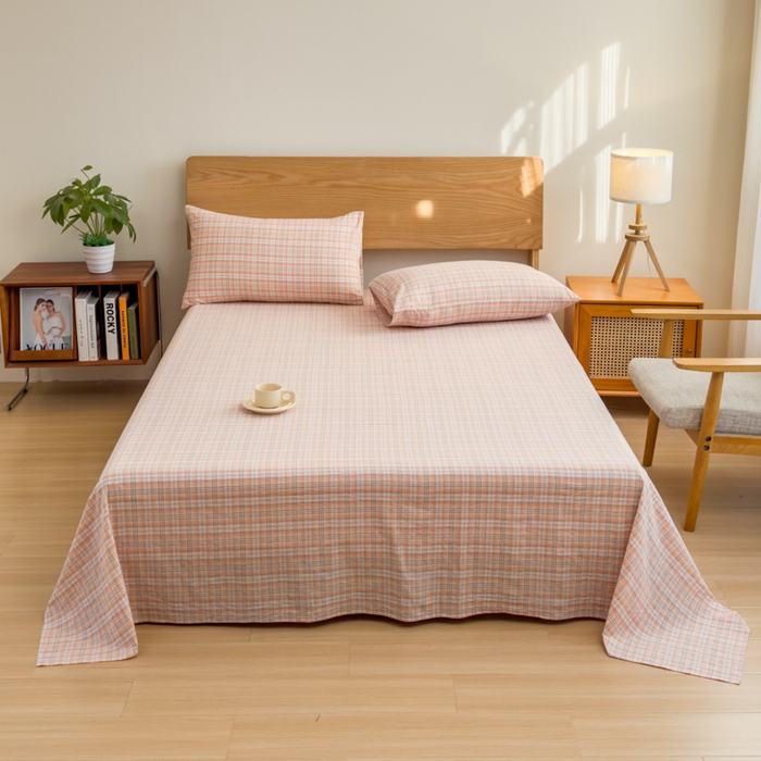 91家纺网 家纺一手货源 找家纺 2025新款简约款色织水洗棉单品床单 可可桔