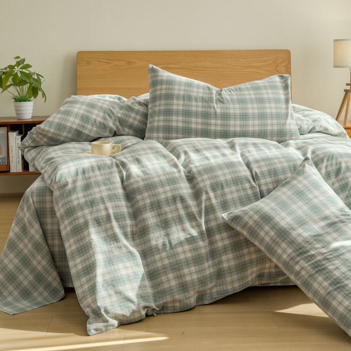 91家纺网 家纺一手货源 找家纺 2025新款简约款色织水洗棉四件套 可可绿