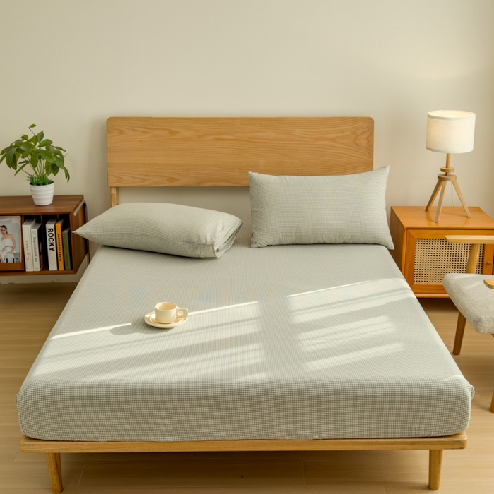 91家纺网 家纺一手货源 找家纺 2025新款简约款色织水洗棉单品床笠 糖果绿