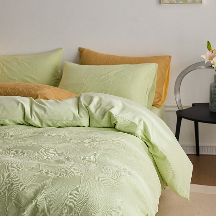 91家纺网 家纺一手货源 找家纺 2025春夏新品染色水洗大提花四件套 叶语-嫩绿