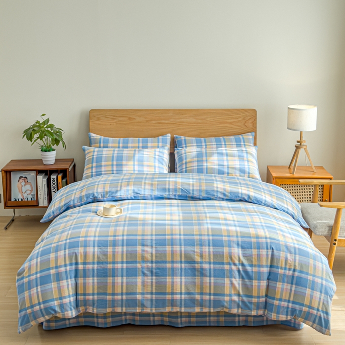 91家纺网 家纺一手货源 找家纺 2025新款简约款色织水洗棉单品被套 昭华蓝