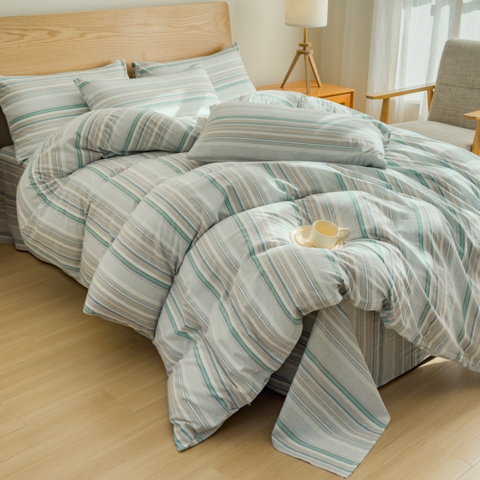 91家纺网 家纺一手货源 找家纺 2025新款简约款色织水洗棉四件套 沐妍绿