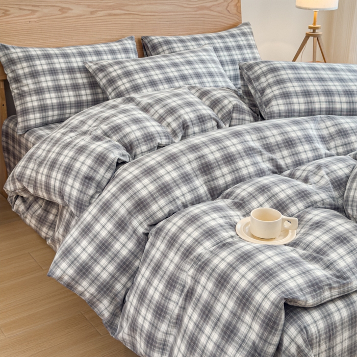 91家纺网 家纺一手货源 找家纺 2025新款简约款色织水洗棉四件套 可可灰