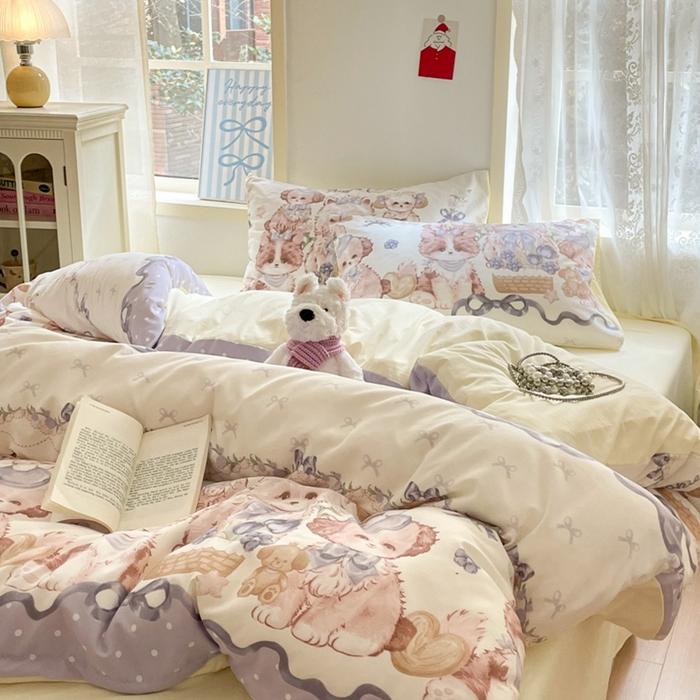 91家纺网 家纺一手货源 找家纺 雨帆家纺 2025新款水洗棉印花四件套 绅士狗