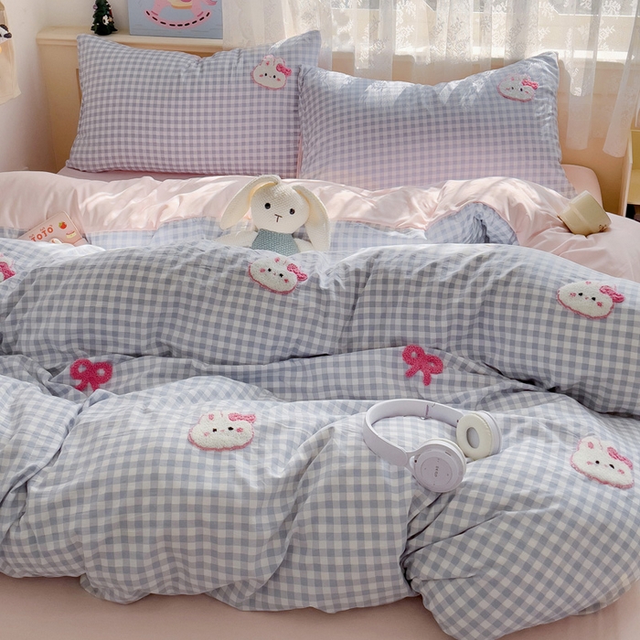 91家纺网 家纺一手货源 找家纺 梦之岛 2025云朵棉ins格子小兔可爱毛巾绣四件套 格子小兔-蓝