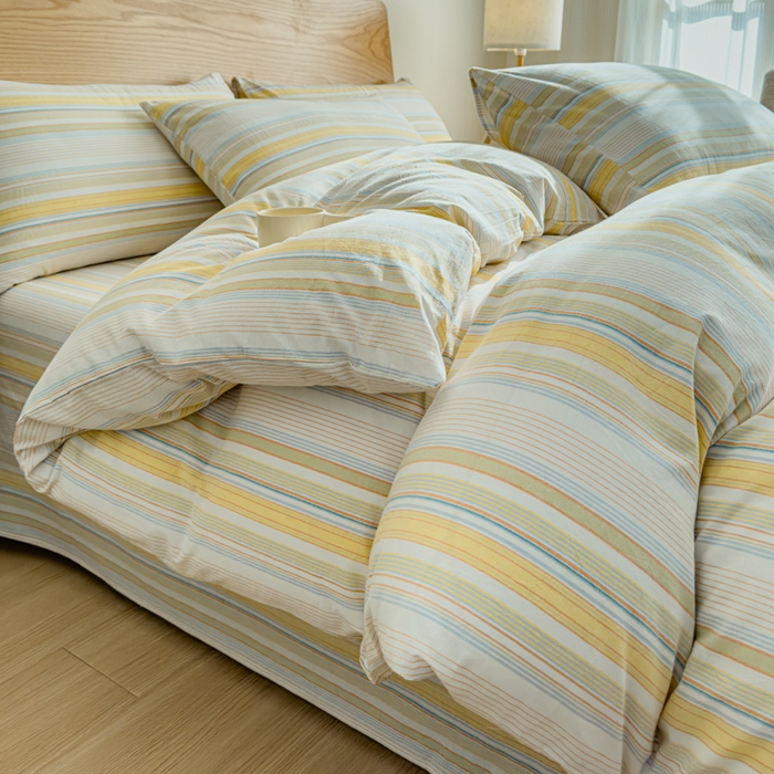 91家纺网 家纺一手货源 找家纺 2025新款简约款色织水洗棉四件套 沐妍黄