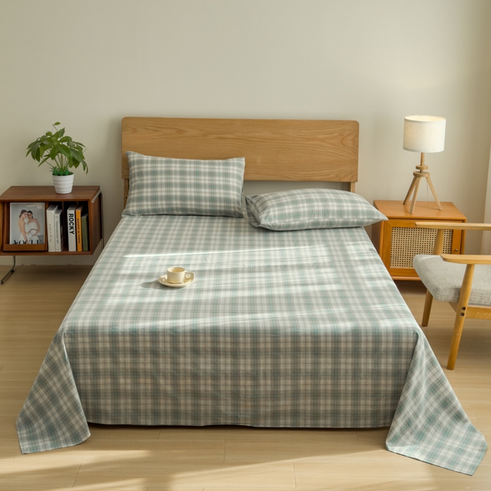 91家纺网 家纺一手货源 找家纺 2025新款简约款色织水洗棉单品床单 可可绿