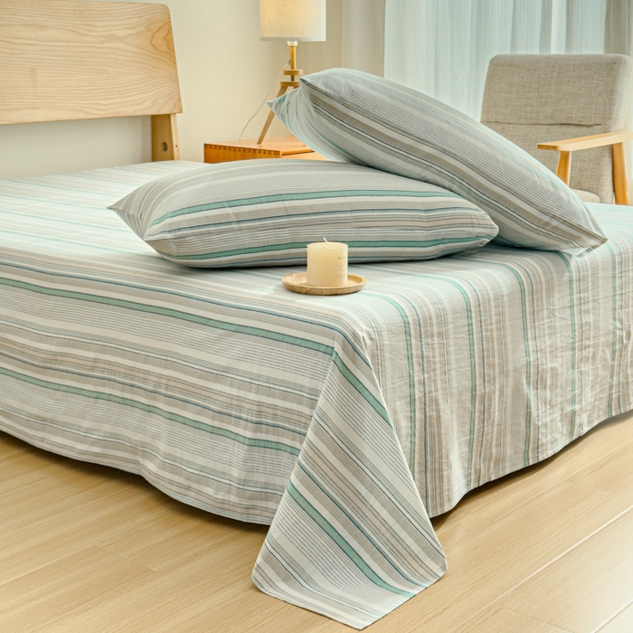 91家纺网 家纺一手货源 找家纺 2025新款简约款色织水洗棉单品床单 沐妍绿