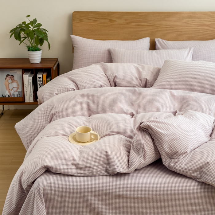 91家纺网 家纺一手货源 找家纺 2025新款简约款色织水洗棉四件套 糖果紫