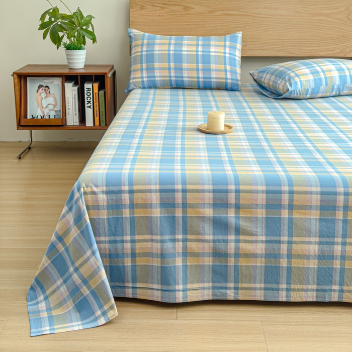 91家纺网 家纺一手货源 找家纺 2025新款简约款色织水洗棉单品床单 昭华蓝