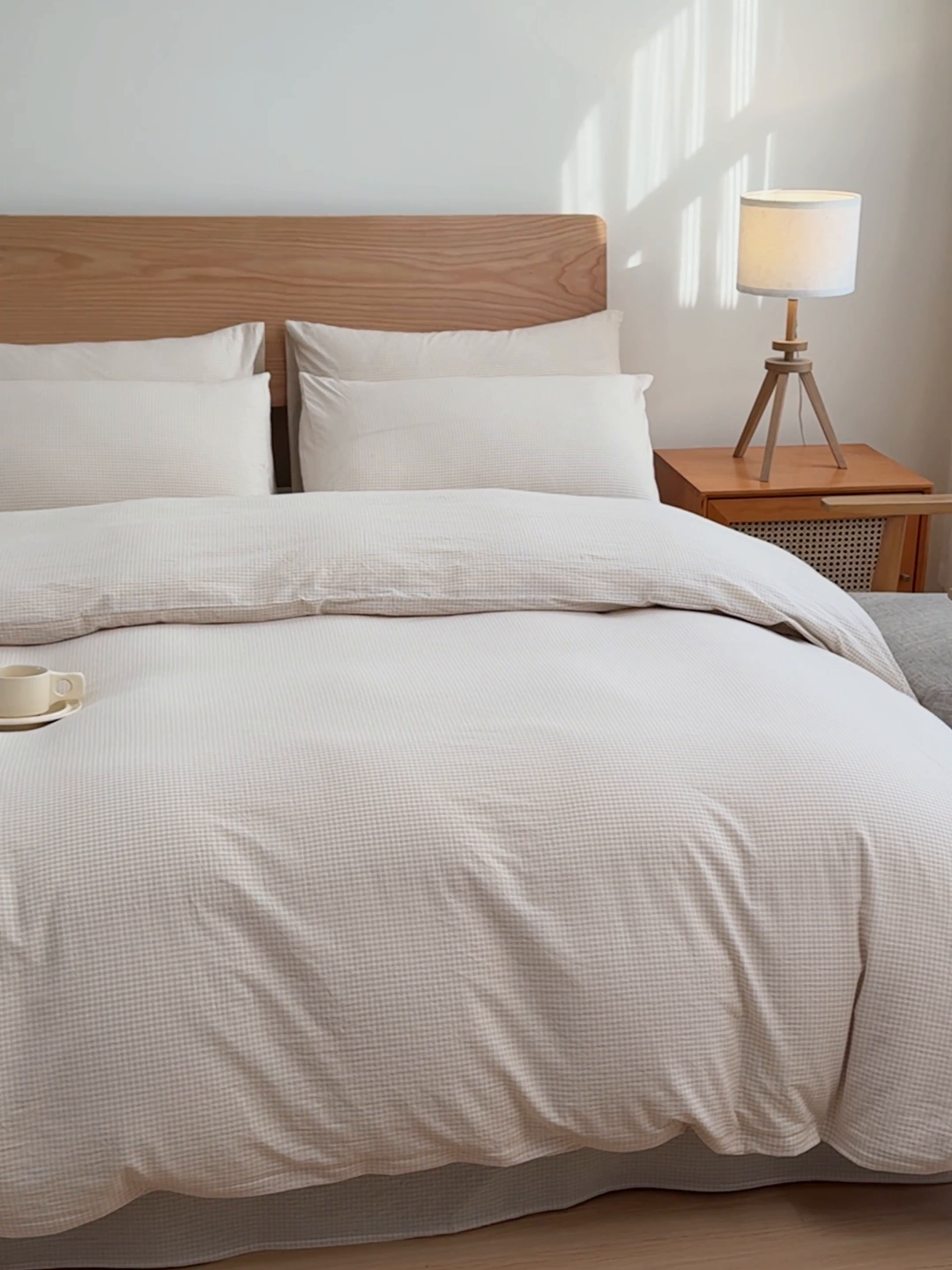 91家纺网 家纺一手货源 找家纺 2025新款简约款色织水洗棉四件套 糖果卡其