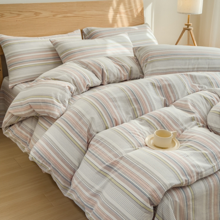 91家纺网 家纺一手货源 找家纺 2025新款简约款色织水洗棉四件套 沐妍粉