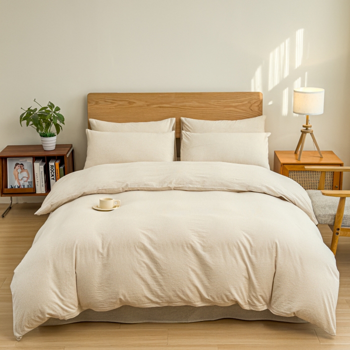 91家纺网 家纺一手货源 找家纺 2025新款简约款色织水洗棉四件套 糖果卡其