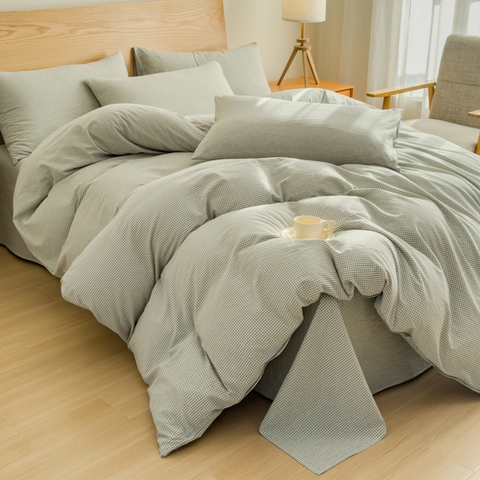 91家纺网 家纺一手货源 找家纺 2025新款简约款色织水洗棉四件套 糖果绿