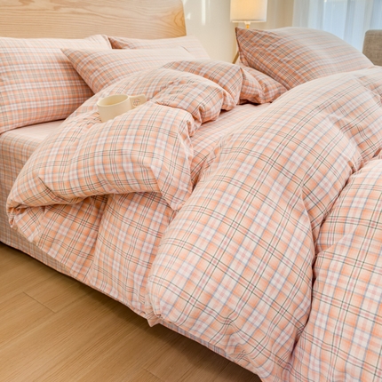 91家纺网 家纺一手货源 找家纺 2025新款简约款色织水洗棉四件套 可可桔