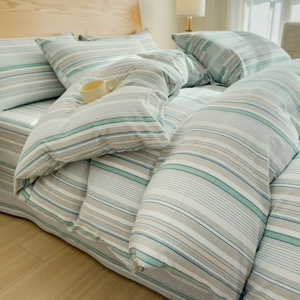 91家纺网 家纺一手货源 找家纺 2025新款简约款色织水洗棉四件套 沐妍绿