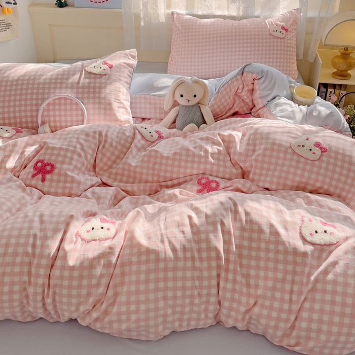 91家纺网 家纺一手货源 找家纺 （总）梦之岛 2025云朵棉ins格子小兔可爱毛巾绣四件套