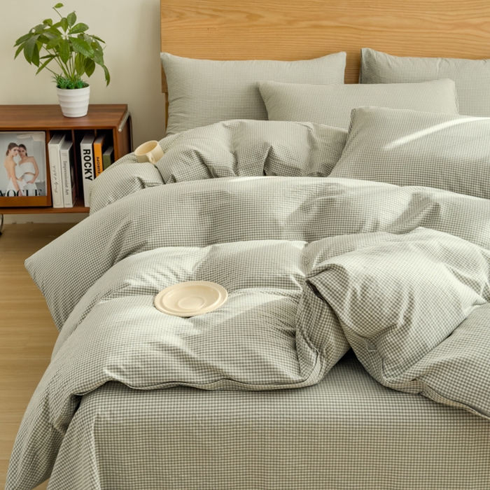 91家纺网 家纺一手货源 找家纺 2025新款简约款色织水洗棉四件套 糖果绿