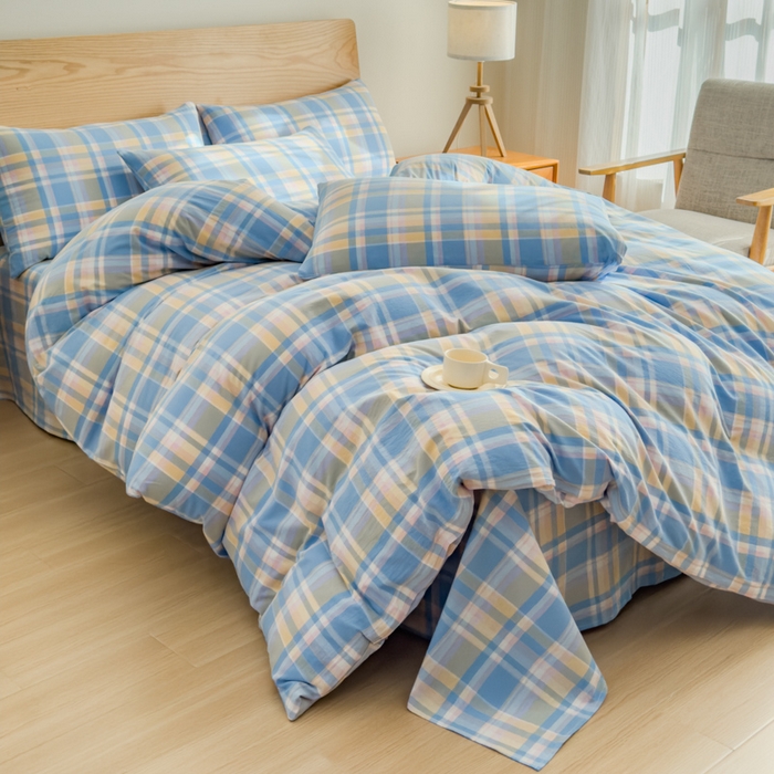 91家纺网 家纺一手货源 找家纺 2025新款简约款色织水洗棉四件套 昭华蓝