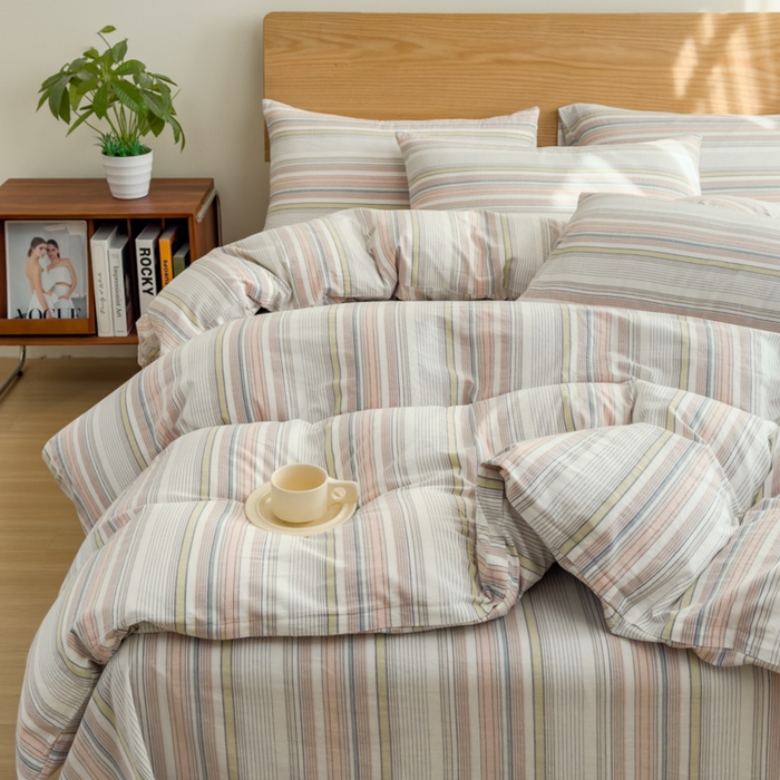 91家纺网 家纺一手货源 找家纺 2025新款简约款色织水洗棉四件套 沐妍粉