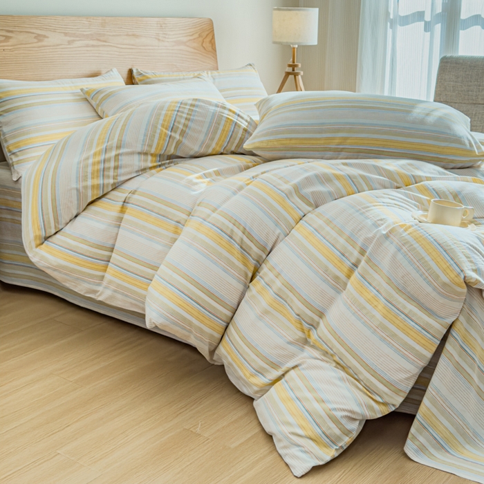 91家纺网 家纺一手货源 找家纺 2025新款简约款色织水洗棉四件套 沐妍黄